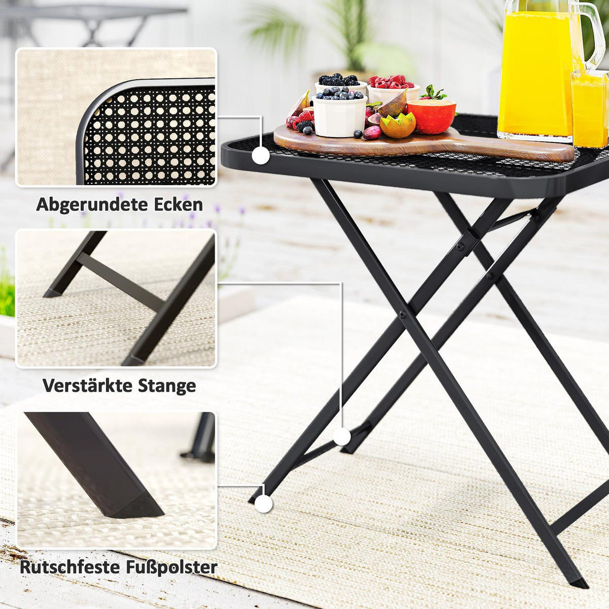 Folding garden table 70 x 70 cm, weatherproof balcony table, steel folding table with cut-out design, outdoor dining table, square side table, patio table for garden, terrace, balcony, black