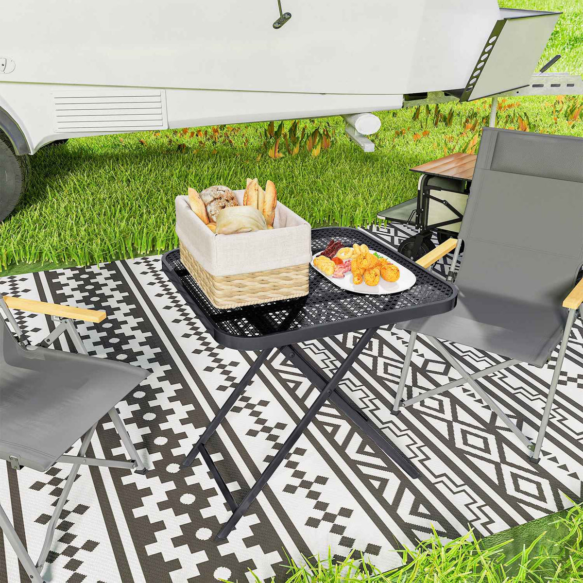 Folding garden table 70 x 70 cm, weatherproof balcony table, steel folding table with cut-out design, outdoor dining table, square side table, patio table for garden, terrace, balcony, black