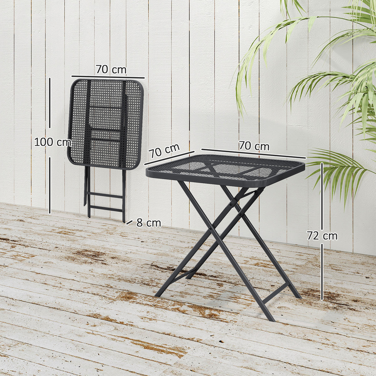 Folding garden table 70 x 70 cm, weatherproof balcony table, steel folding table with cut-out design, outdoor dining table, square side table, patio table for garden, terrace, balcony, black