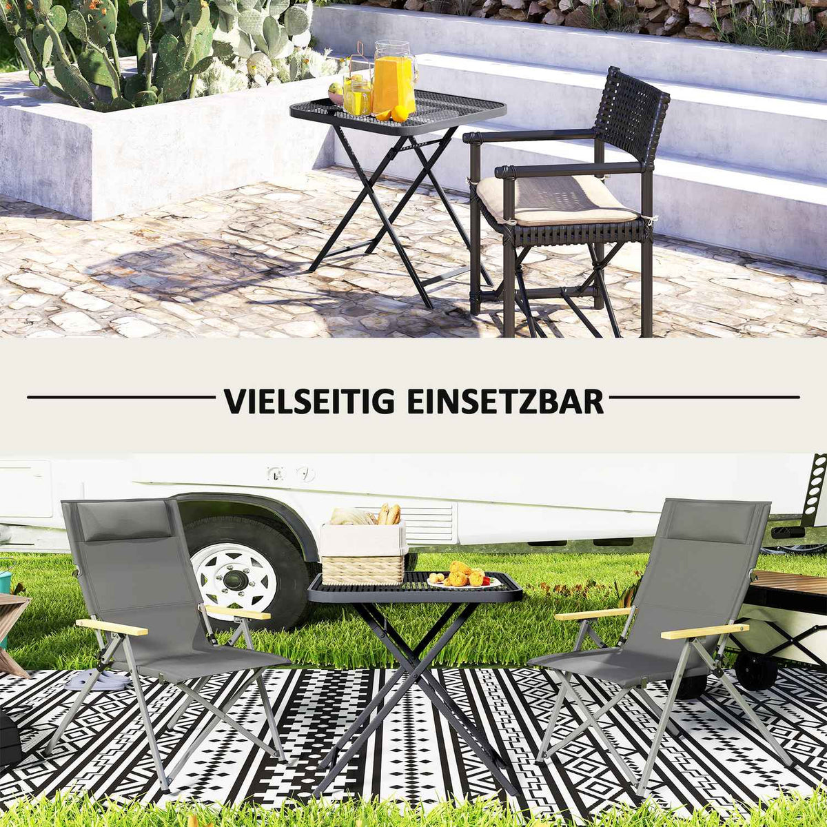 Folding garden table 70 x 70 cm, weatherproof balcony table, steel folding table with cut-out design, outdoor dining table, square side table, patio table for garden, terrace, balcony, black