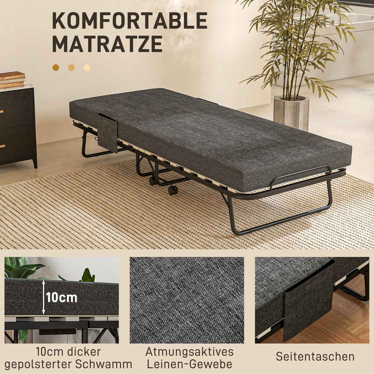 Folding guest bed with wheels, 10 cm mattress, cover, travel cot with side pocket dark gray 190 x 80 x 42 cm