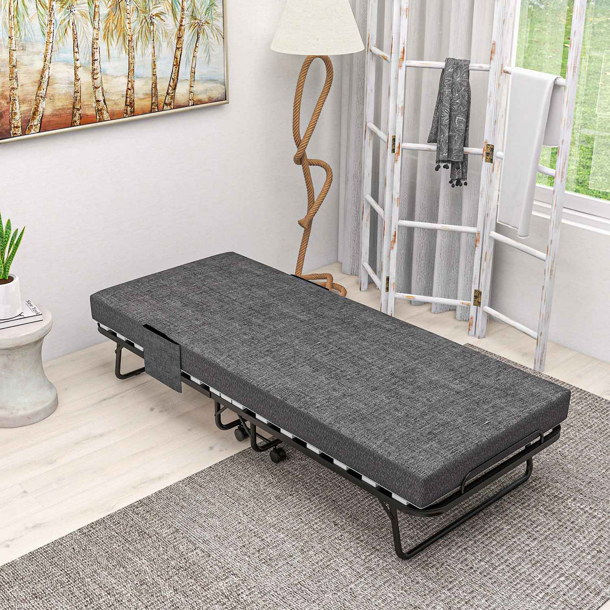 Folding guest bed with wheels, 10 cm mattress, cover, travel cot with side pocket dark gray 190 x 80 x 42 cm