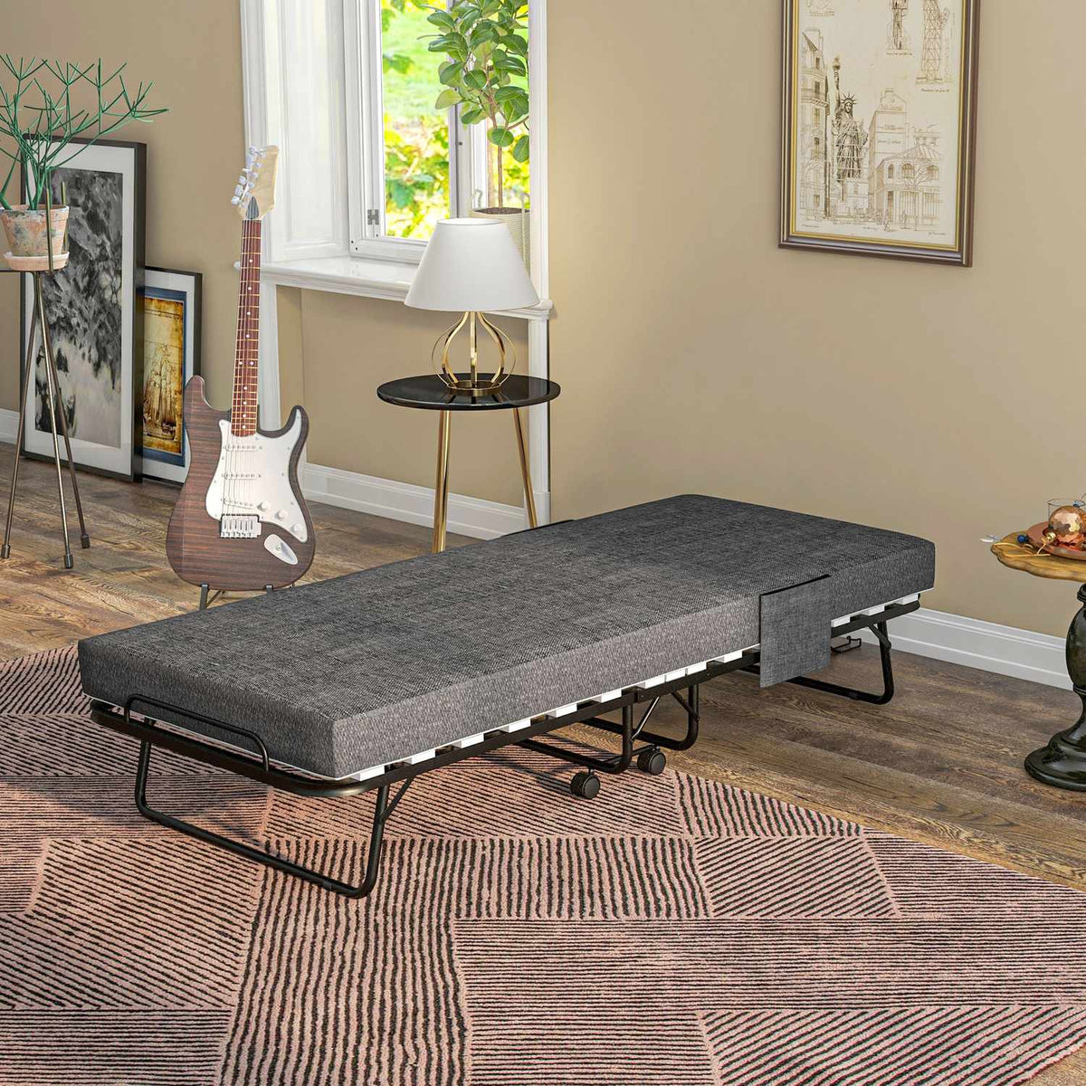 Folding guest bed with wheels, 10 cm mattress, cover, travel cot with side pocket dark gray 190 x 80 x 42 cm