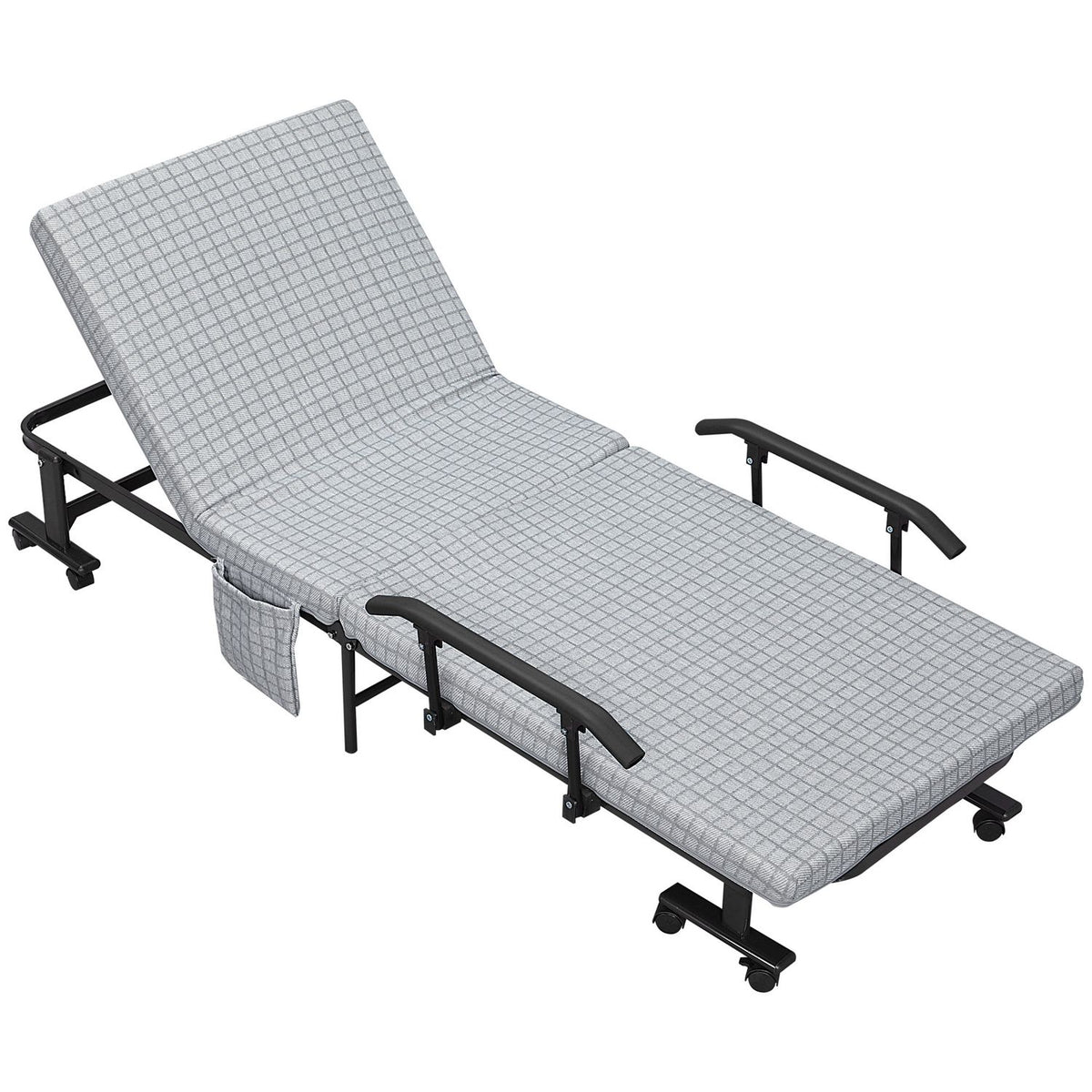 Folding guest bed with wheels, armchair, 5-level adjustable backrest, travel bed, steel frame, light gray + black, 190x76x33cm