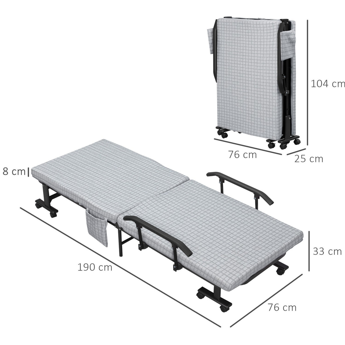 Folding guest bed with wheels, armchair, 5-level adjustable backrest, travel bed, steel frame, light gray + black, 190x76x33cm