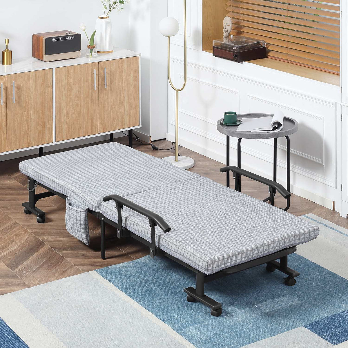 Folding guest bed with wheels, armchair, 5-level adjustable backrest, travel bed, steel frame, light gray + black, 190x76x33cm