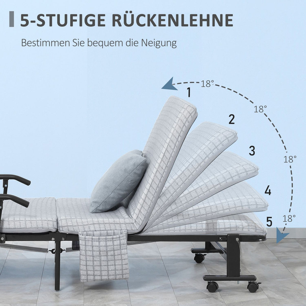 Folding guest bed with wheels, armchair, 5-level adjustable backrest, travel bed, steel frame, light gray + black, 190x76x33cm