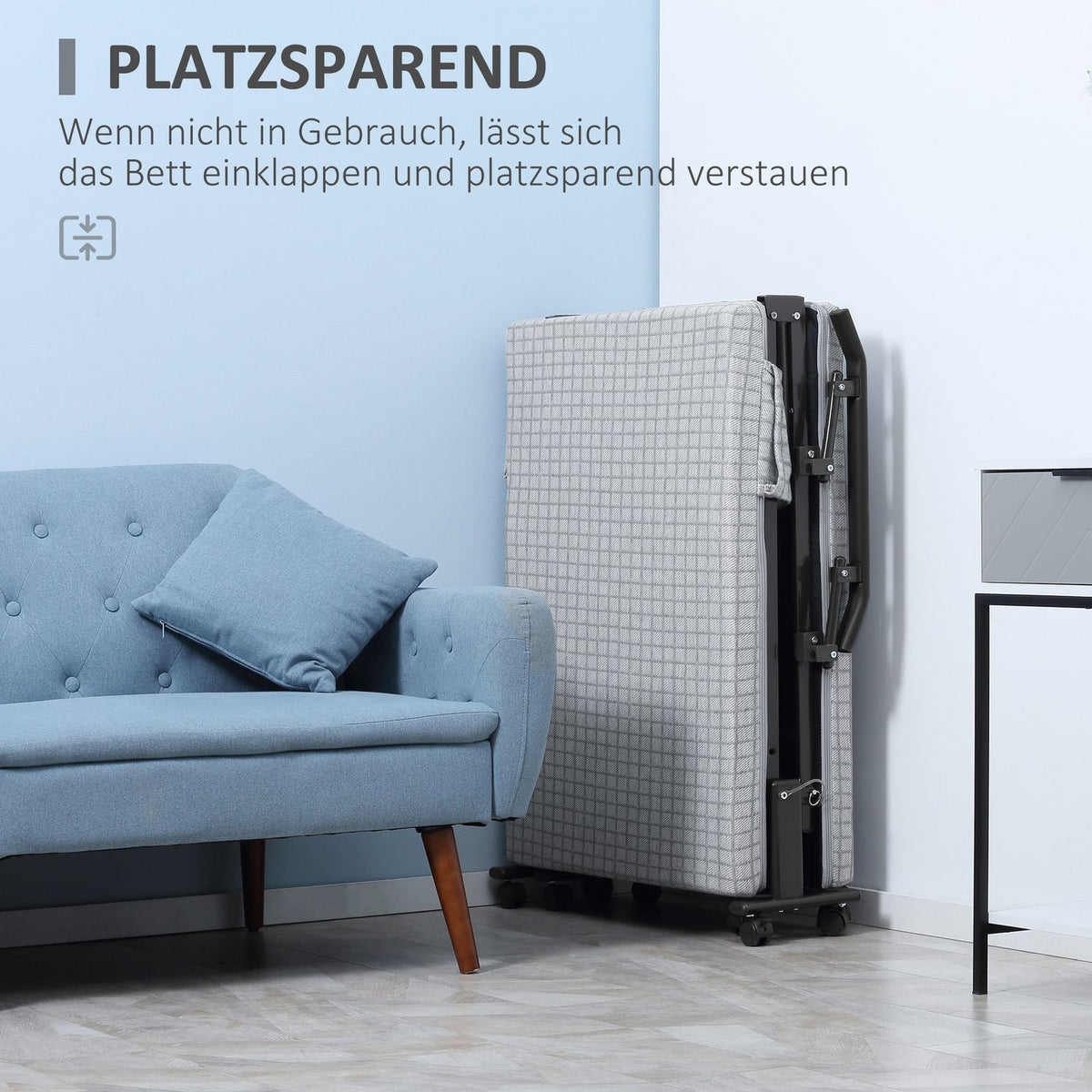 Folding guest bed with wheels, armchair, 5-level adjustable backrest, travel bed, steel frame, light gray + black, 190x76x33cm