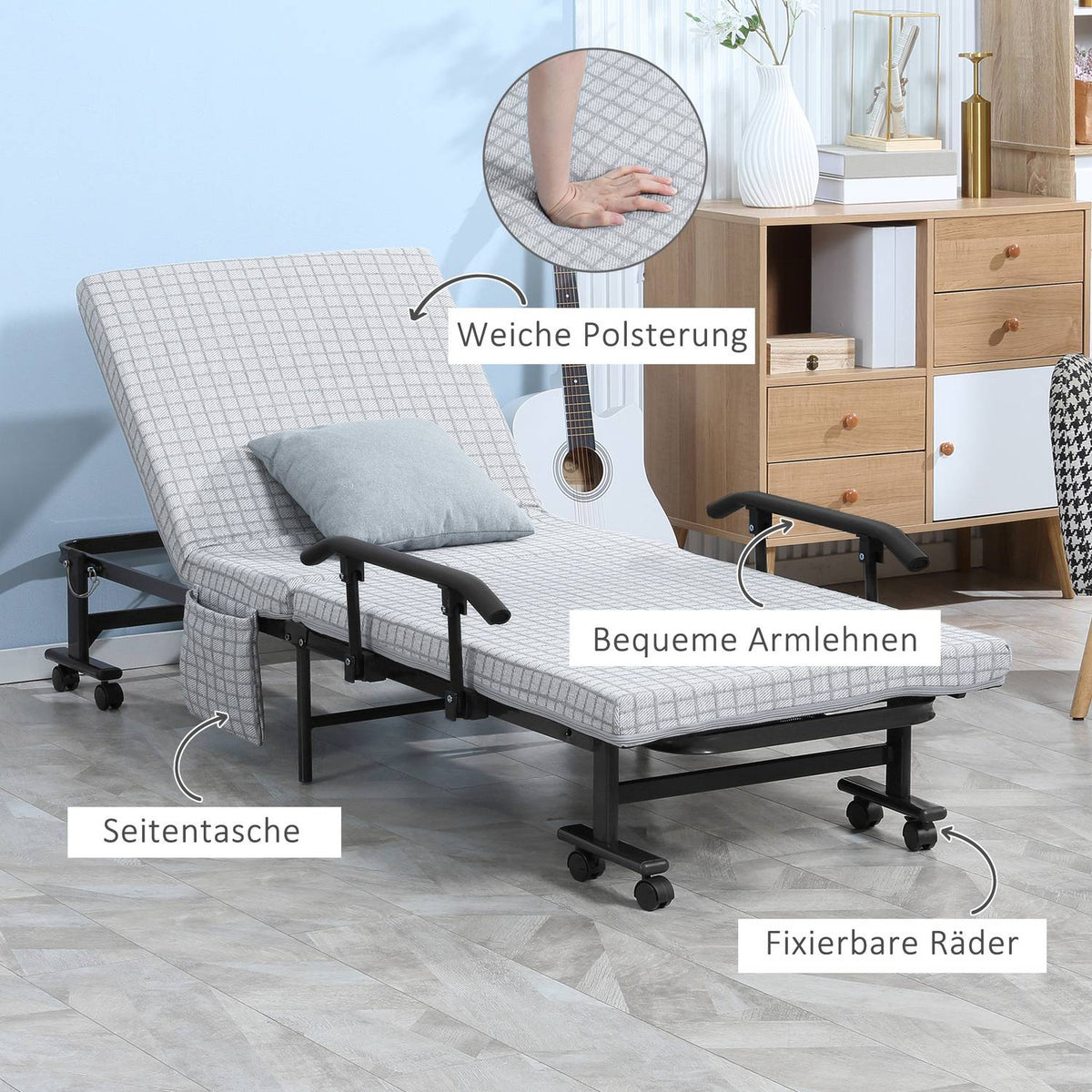 Folding guest bed with wheels, armchair, 5-level adjustable backrest, travel bed, steel frame, light gray + black, 190x76x33cm