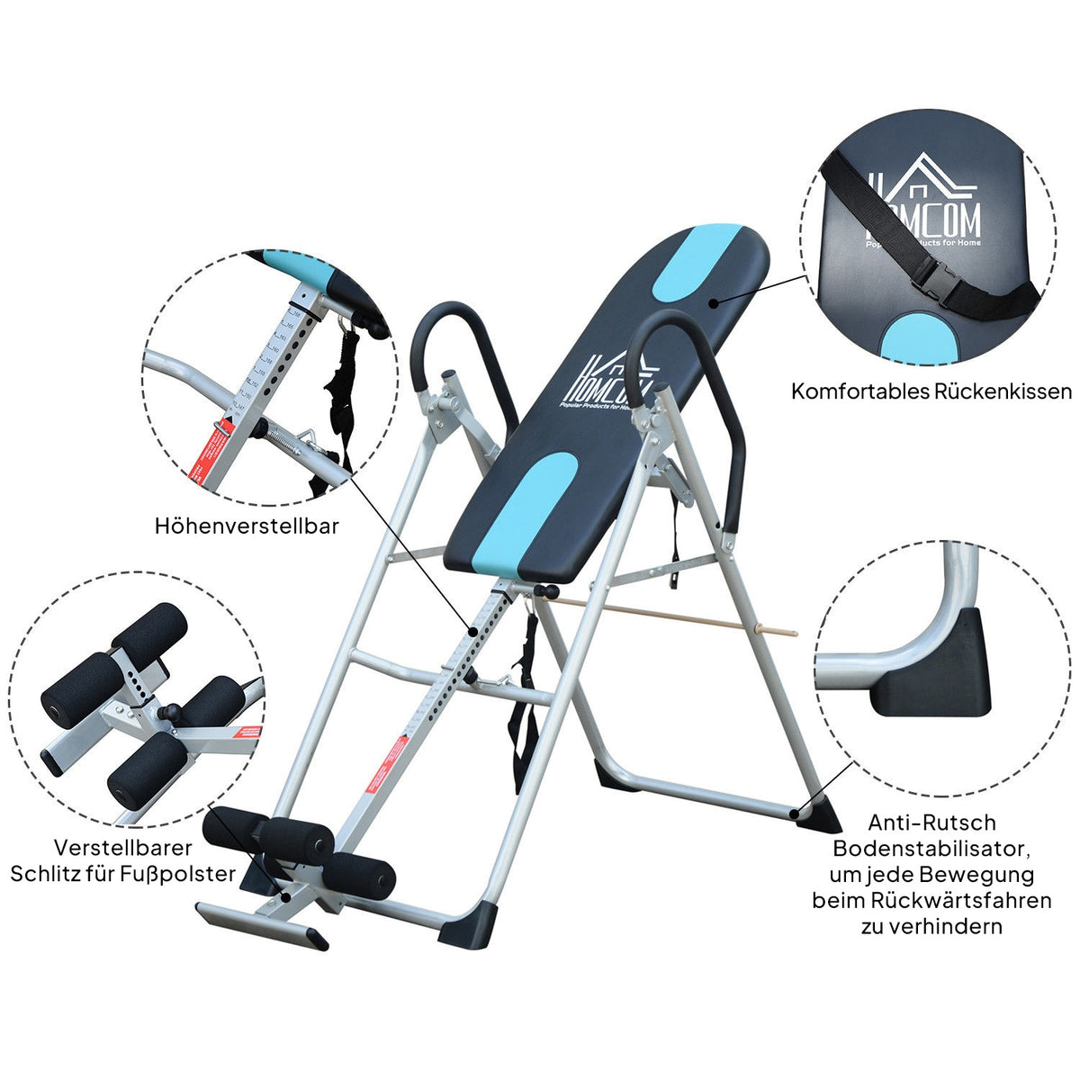 Folding inversion table with adjustable safety belt made of steel in silver-black |