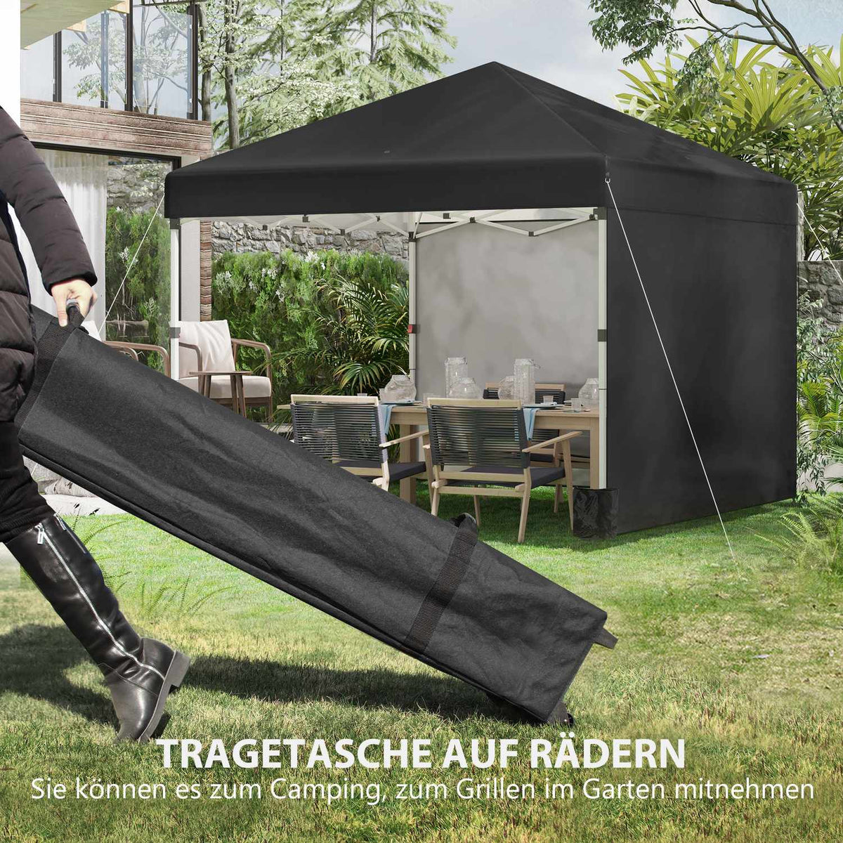 Folding pavilion 2.97 x 2.97 m with UV protection and side walls, party tent with sandbag, pop-up tent for terrace made of steel in black