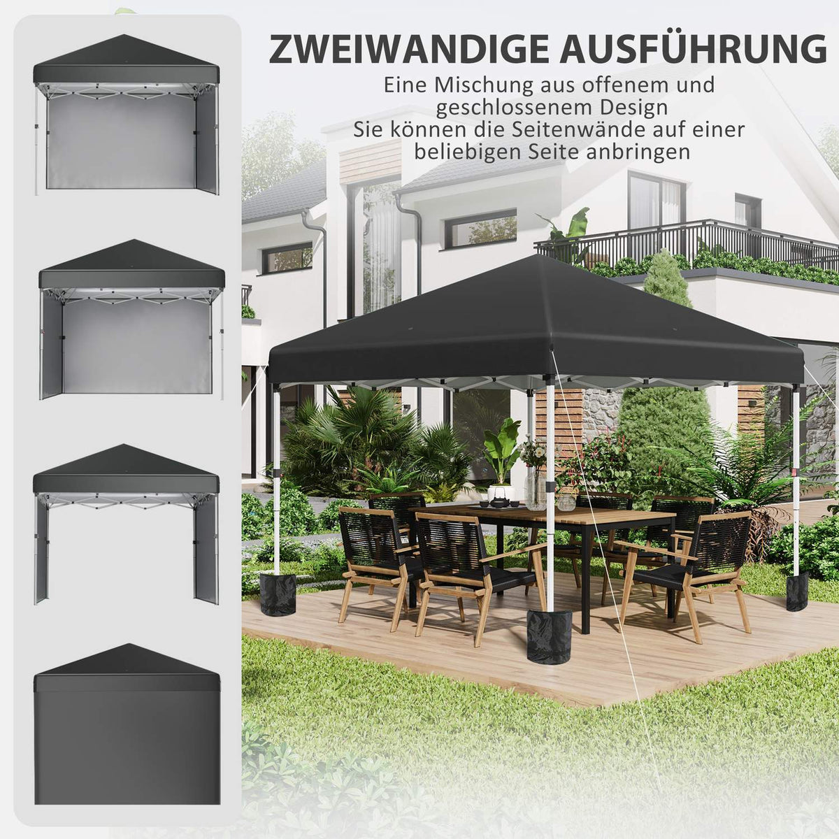 Folding pavilion 2.97 x 2.97 m with UV protection and side walls, party tent with sandbag, pop-up tent for terrace made of steel in black