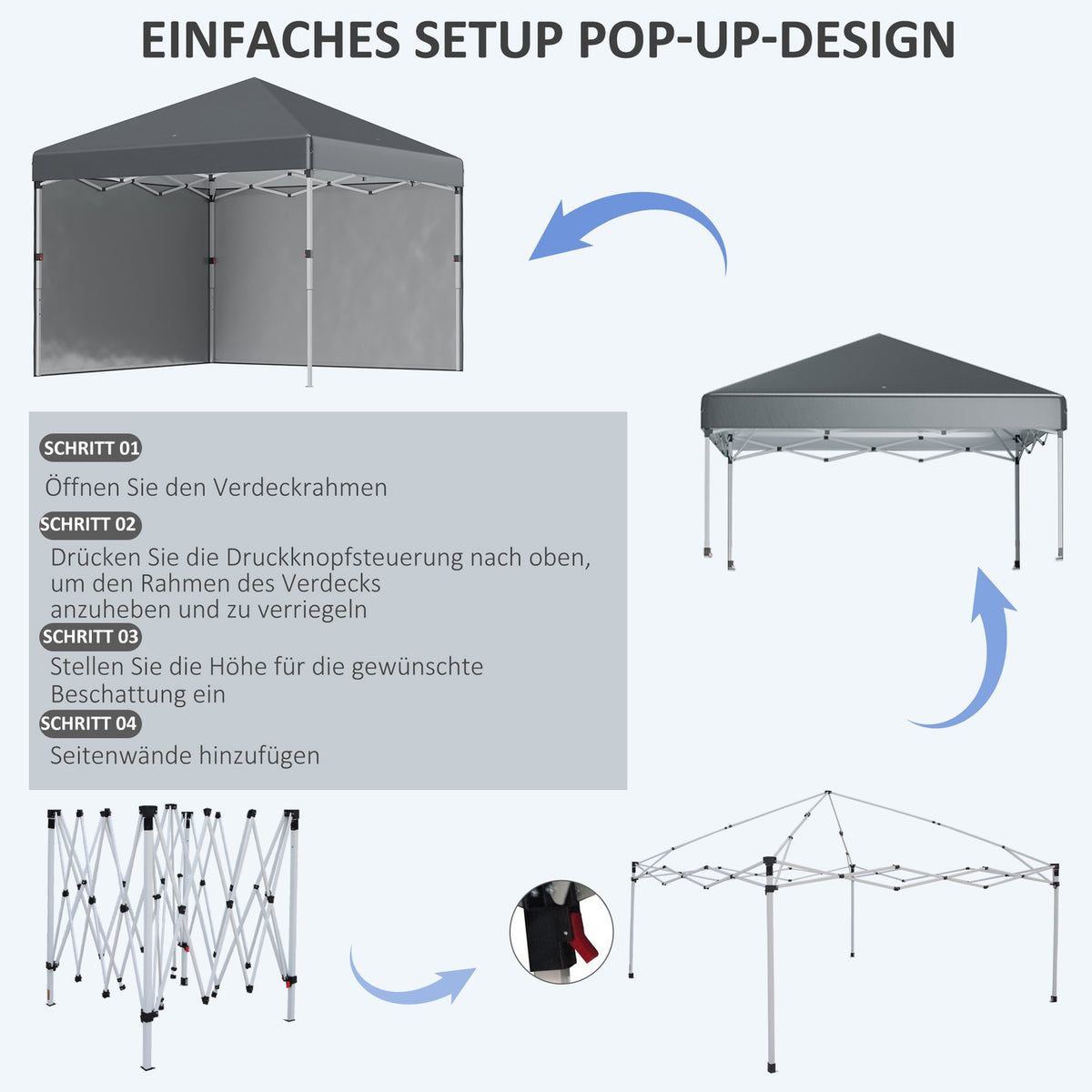 Folding pavilion 2.97 x 2.97 m with side walls, UV protection camping tent, party tent with sandbag, steel dark gray for garden & terrace