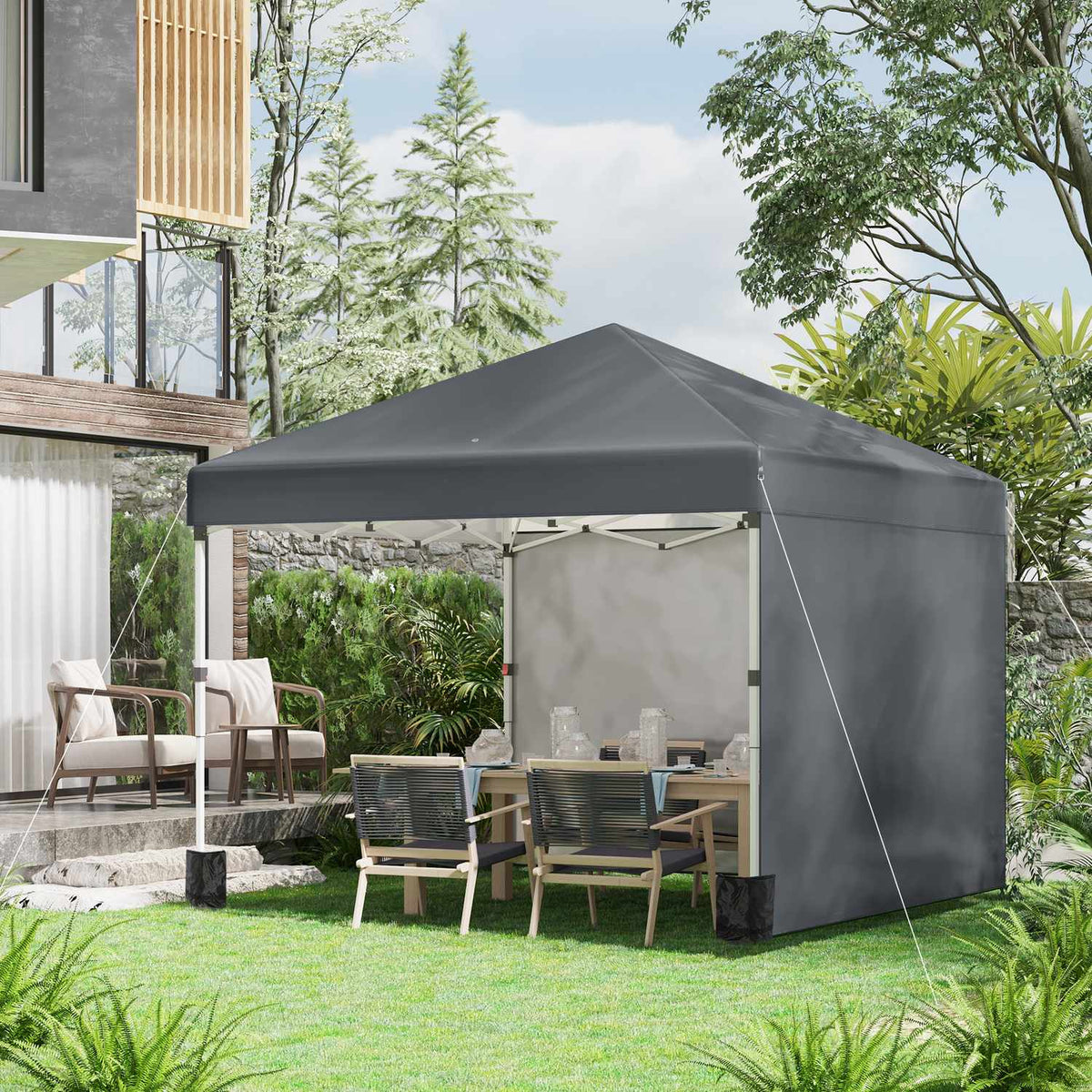 Folding pavilion 2.97 x 2.97 m with side walls, UV protection camping tent, party tent with sandbag, steel dark gray for garden & terrace