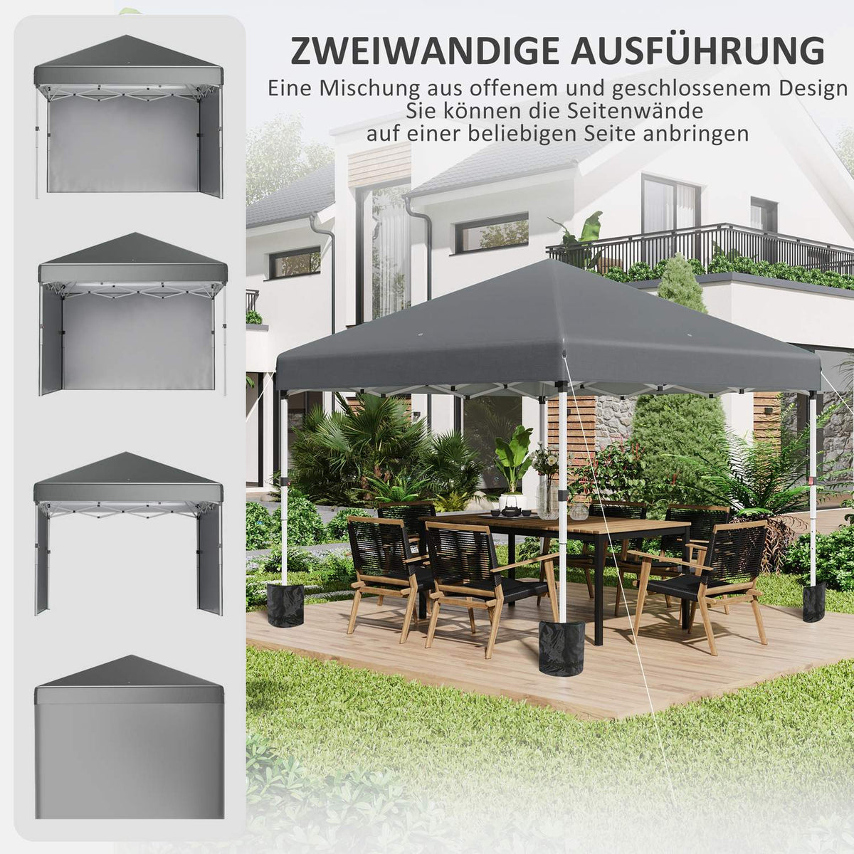 Folding pavilion 2.97 x 2.97 m with side walls, UV protection camping tent, party tent with sandbag, steel dark gray for garden & terrace