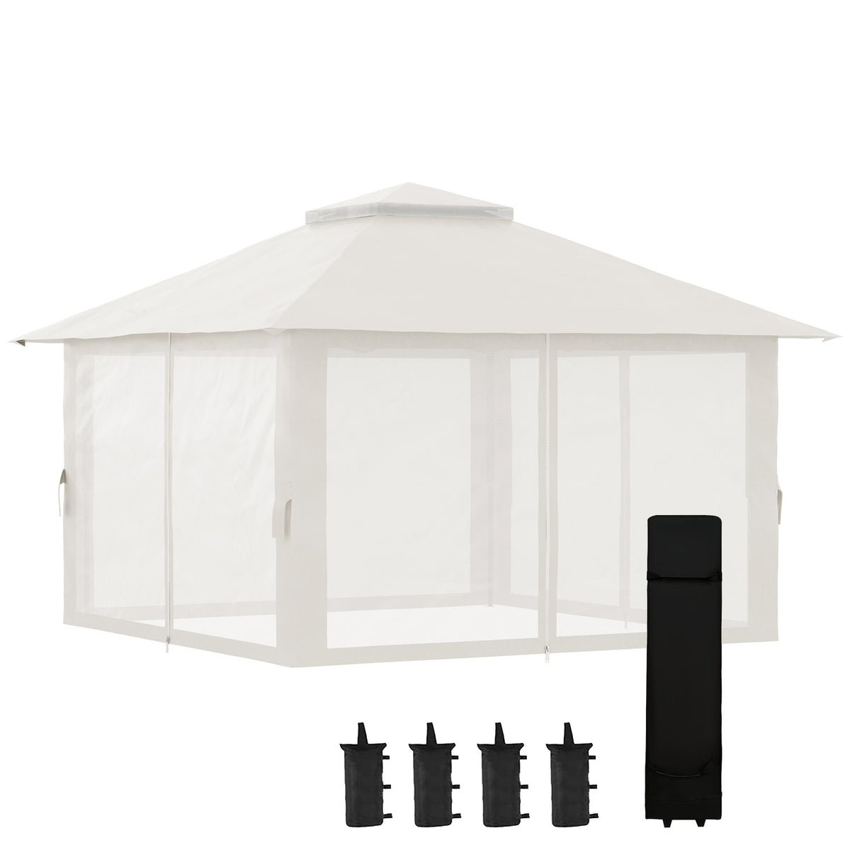 Folding pavilion 4x4 m with 4 net curtains, height adjustable, UV protection, double roof, carrying bag, cream white for garden & events