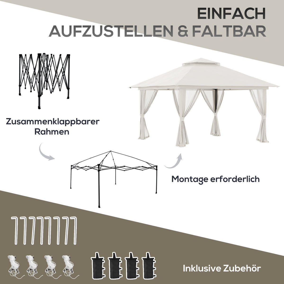 Folding pavilion 4x4 m with 4 net curtains, height adjustable, UV protection, double roof, carrying bag, cream white for garden & events
