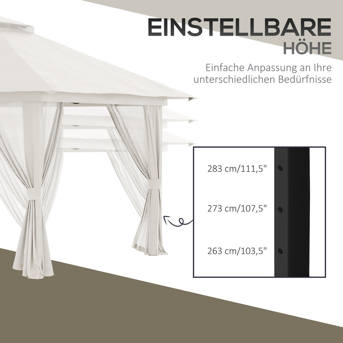 Folding pavilion 4x4 m with 4 net curtains, height adjustable, UV protection, double roof, carrying bag, cream white for garden & events
