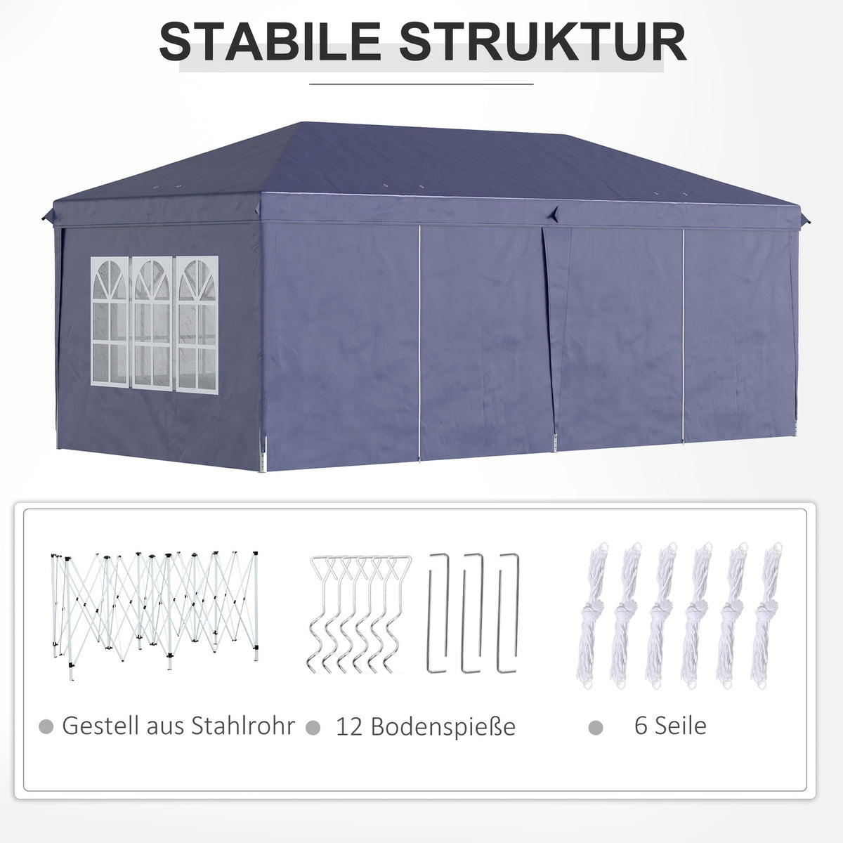 Folding pavilion 5.85x2.95m with UV protection, side walls & windows, zipper doors, sturdy steel, blue for garden & events