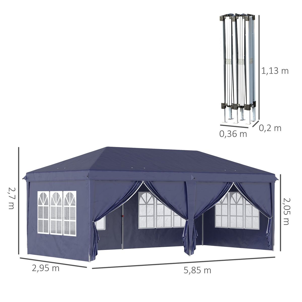Folding pavilion 5.85x2.95m with UV protection, side walls & windows, zipper doors, sturdy steel, blue for garden & events