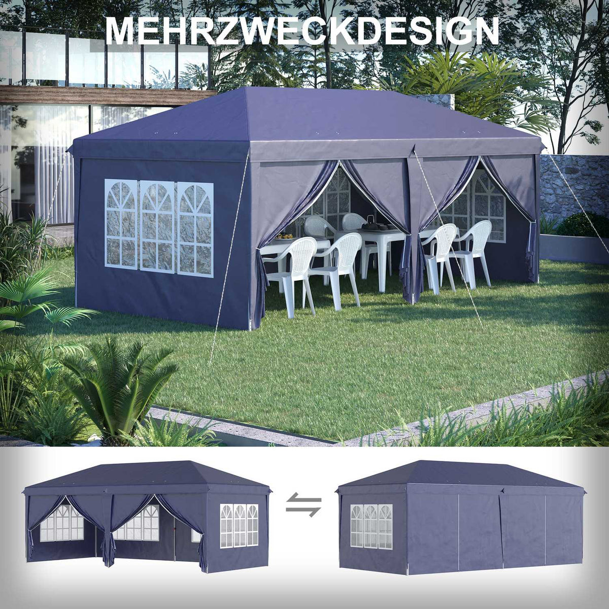 Folding pavilion 5.85x2.95m with UV protection, side walls & windows, zipper doors, sturdy steel, blue for garden & events