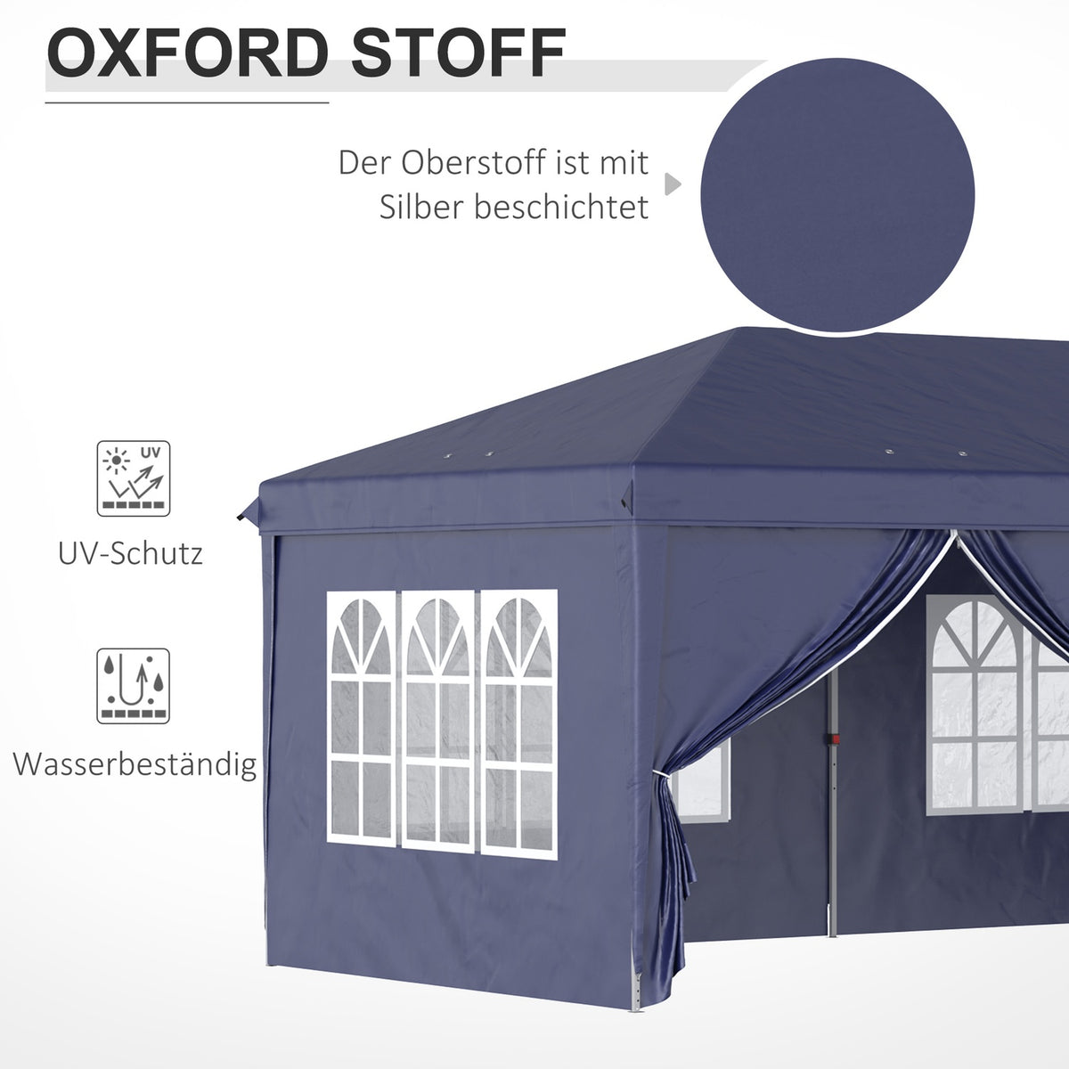Folding pavilion 5.85x2.95m with UV protection, side walls & windows, zipper doors, sturdy steel, blue for garden & events