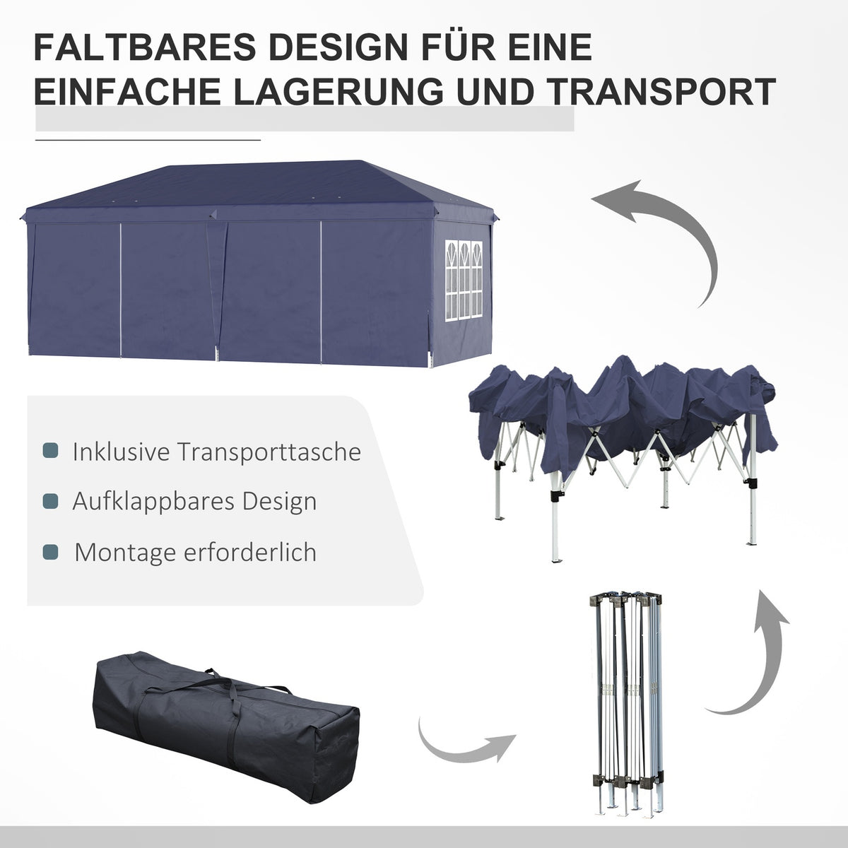Folding pavilion 5.85x2.95m with UV protection, side walls & windows, zipper doors, sturdy steel, blue for garden & events