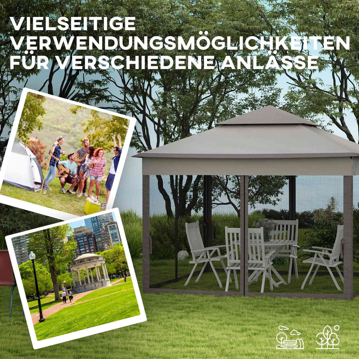 Folding pavilion garden tent with side walls pop-up tent 3.25 x 3.25 x 2.65 m in light gray for garden parties & events