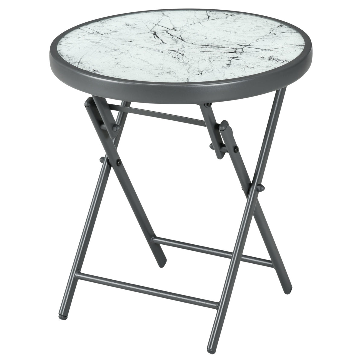 Folding side table, folding table made of glass with marble look, small camping table, round sofa table, balcony table for balcony, terrace, living room, office, 45 x 45 x 50 cm, white
