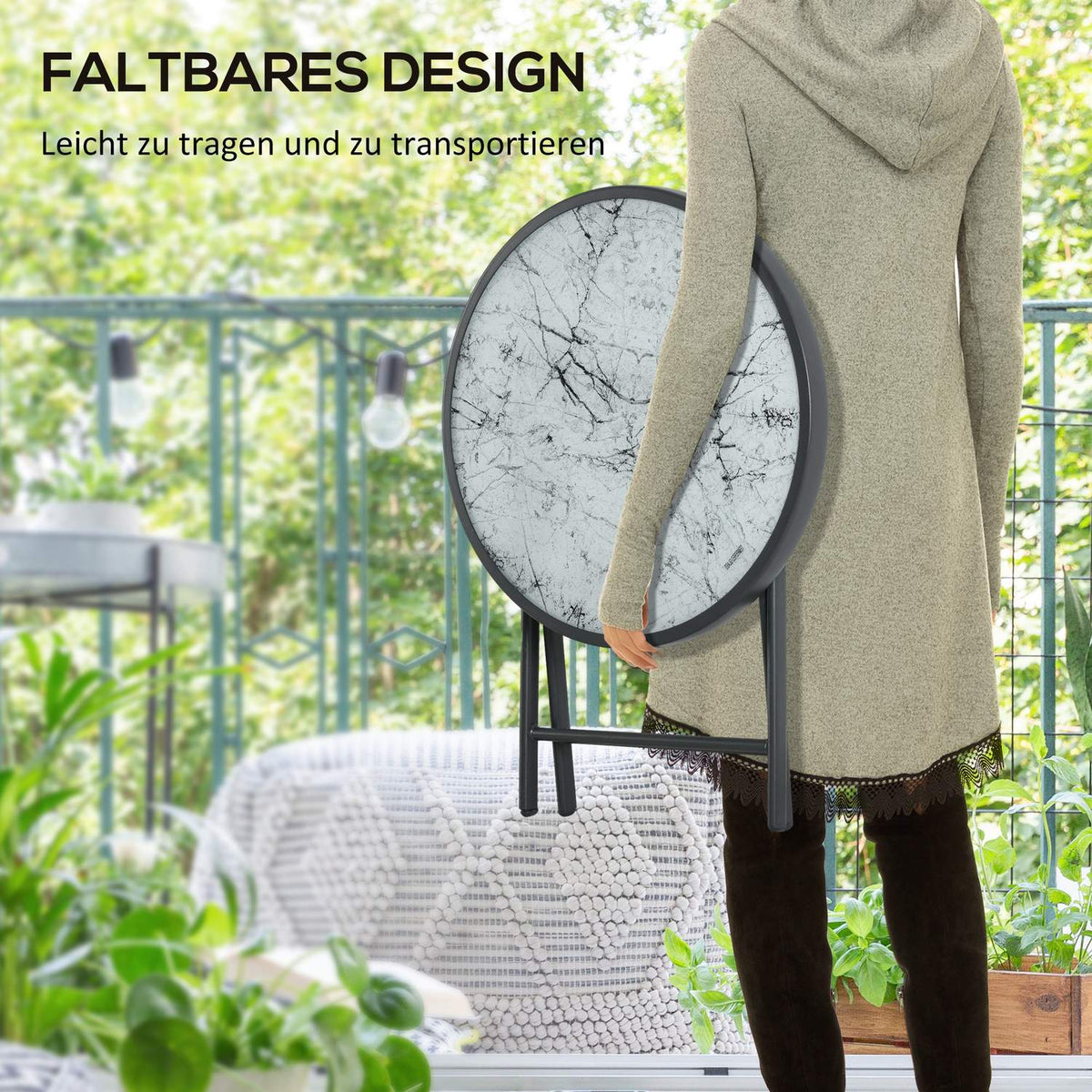 Folding side table, folding table made of glass with marble look, small camping table, round sofa table, balcony table for balcony, terrace, living room, office, 45 x 45 x 50 cm, white