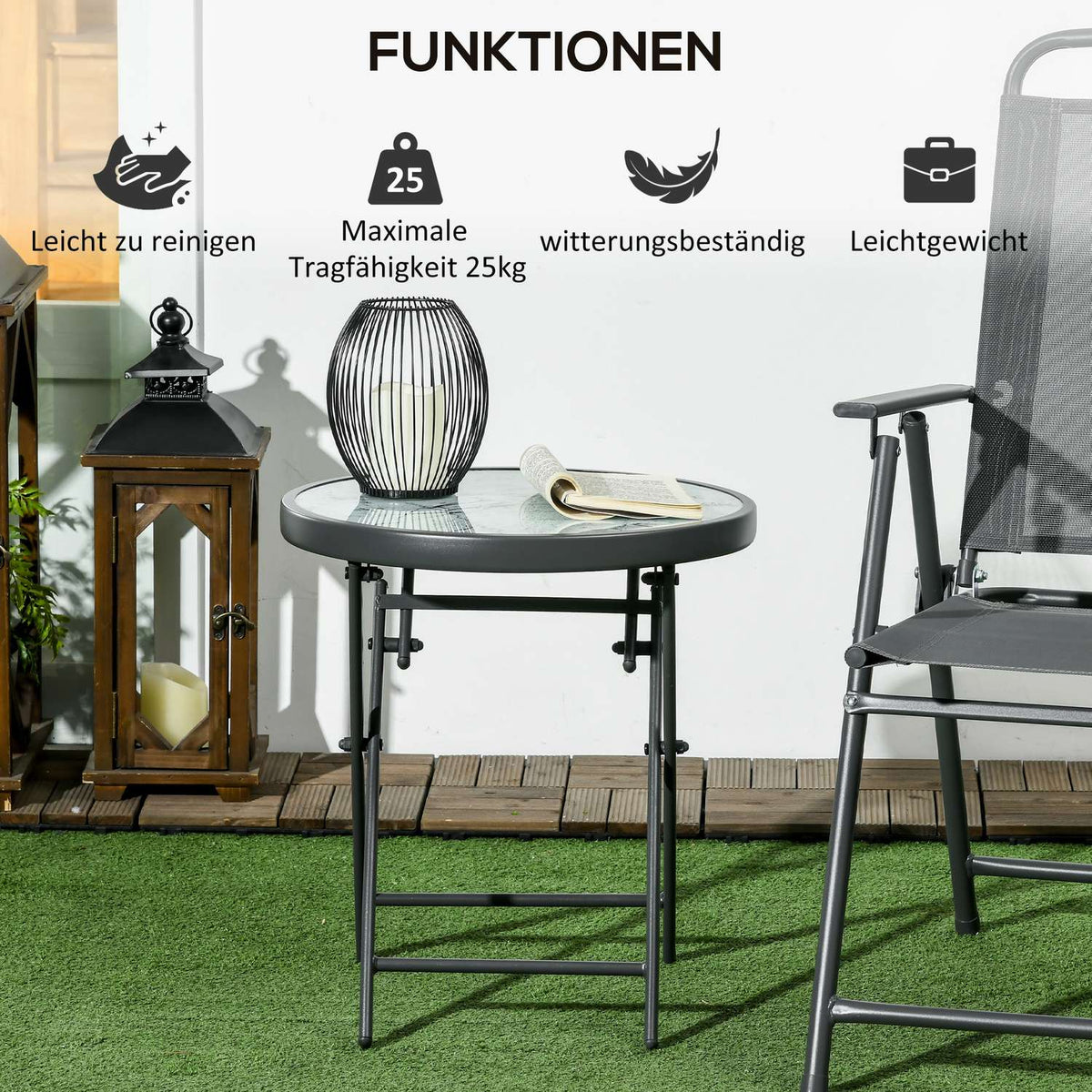 Folding side table, folding table made of glass with marble look, small camping table, round sofa table, balcony table for balcony, terrace, living room, office, 45 x 45 x 50 cm, white