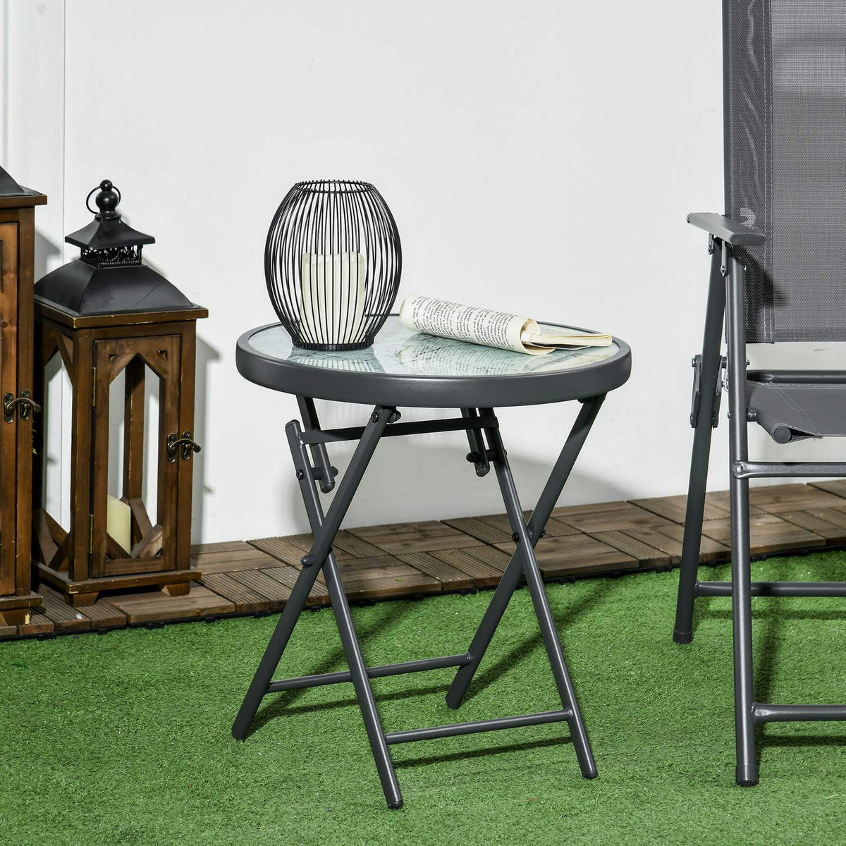 Folding side table, folding table made of glass with marble look, small camping table, round sofa table, balcony table for balcony, terrace, living room, office, 45 x 45 x 50 cm, white