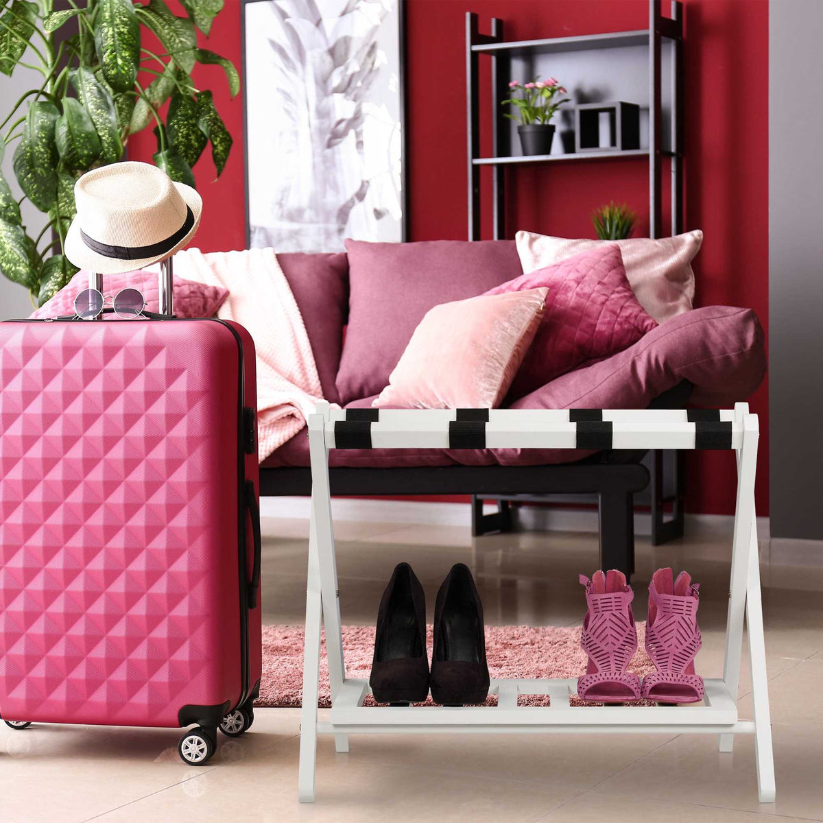 Folding wooden luggage rack with 2 shelves