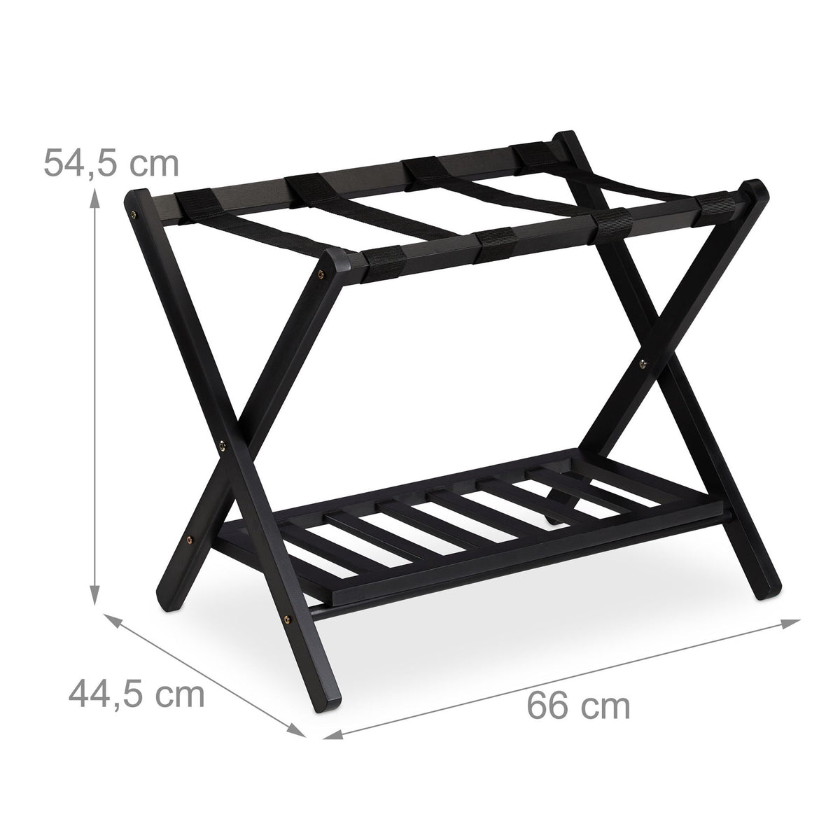 Folding wooden luggage rack with 2 shelves
