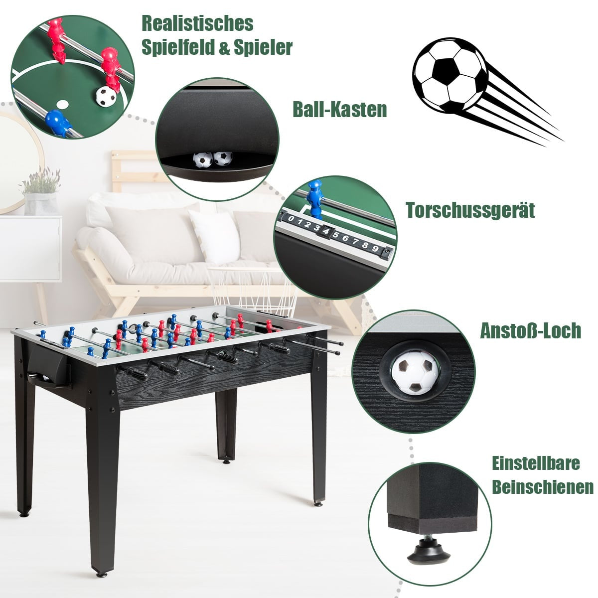 Foosball Table, Competition Size, 122 x 61 x 79 cm, Black