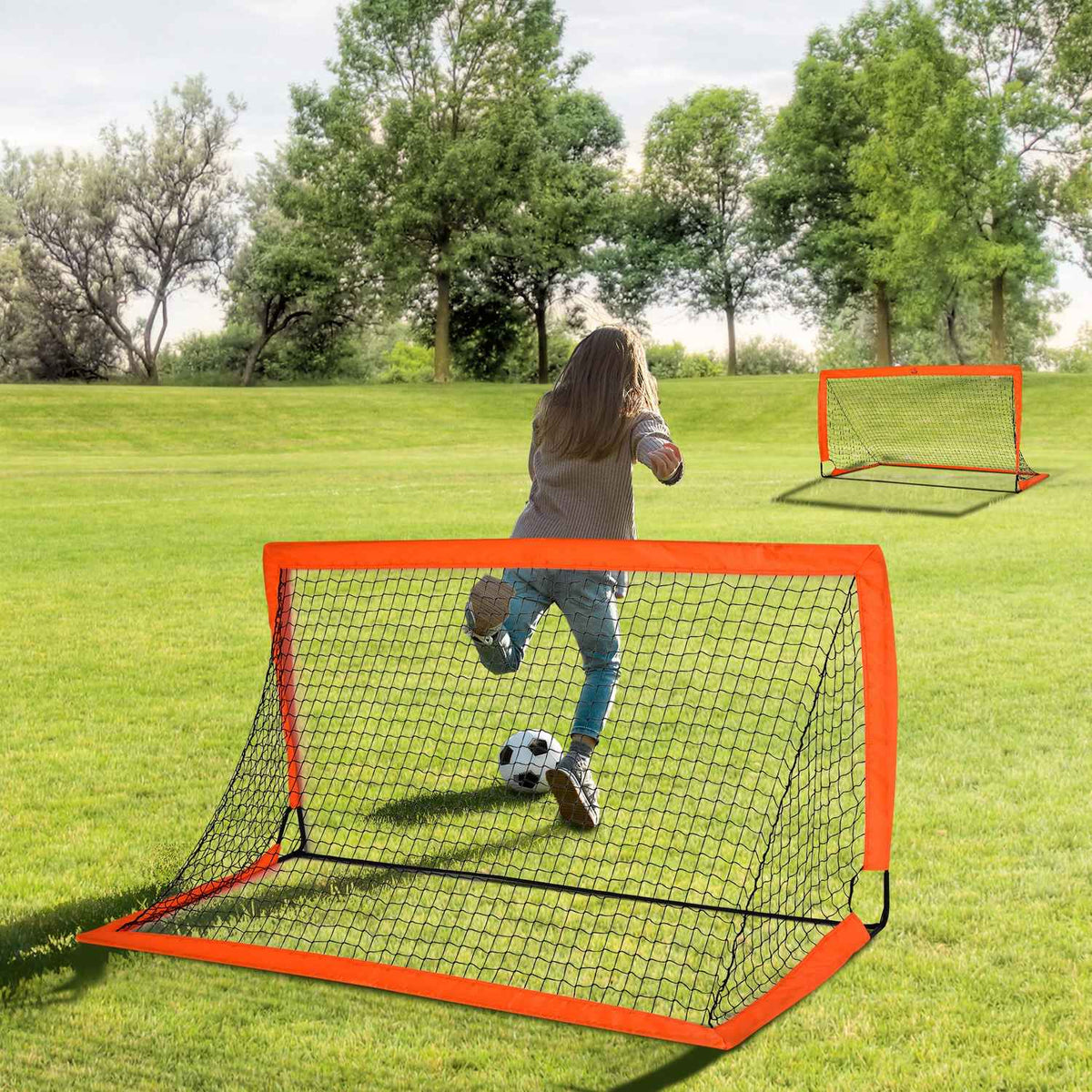 Football Goals, Football Net, Set of 2 Mini Goals, Foldable, Metal, Oxford Fabric, for Children, Outdoor, Orange, 183 x 90 x 90 cm