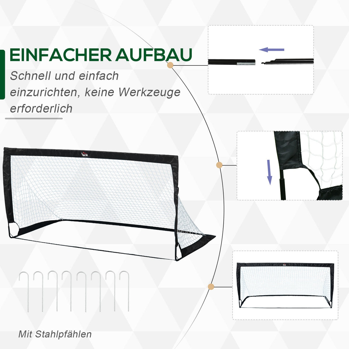 Football Goals Set Of 2 Mini Goals, Foldable Made Of Steel And Tetrolon, Black, 186X90X89 Cm