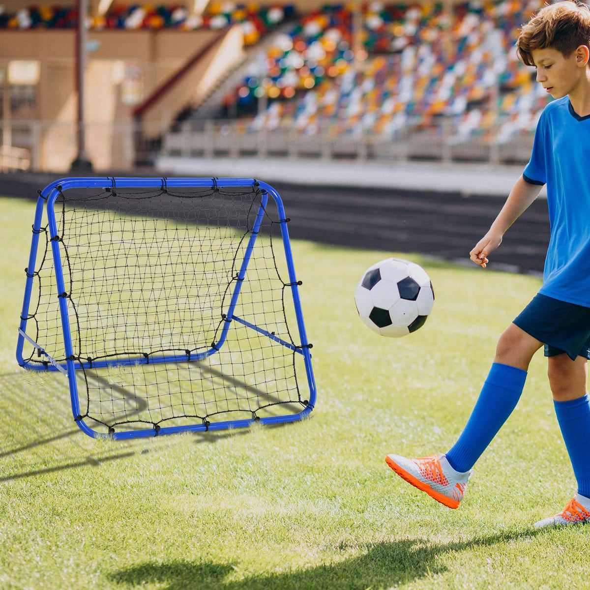 Football Rebounder Kickback Goal Rebound Wall Net Double-Sided Rebound Adjustable In 5 Levels Steel Blue 100 X 95 X 90 Cm