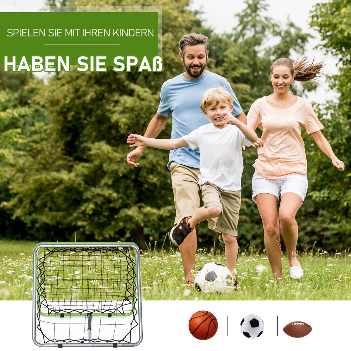 Football Rebounder Kickback Goal Rebound Wall Net For Baseball Basketball Double-Sided Rebound Adjustable In 5 Levels Metal Green + Black