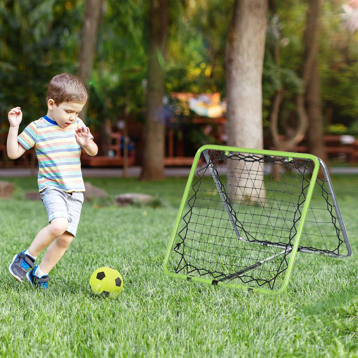 Football Rebounder Kickback Goal Rebound Wall Net For Baseball Basketball Double-Sided Rebound Adjustable In 5 Levels Metal Green + Black