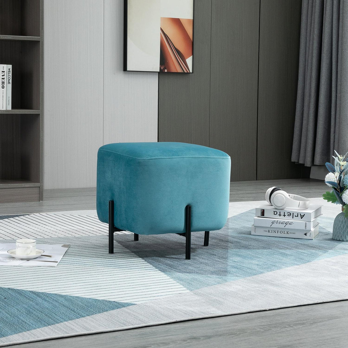 Footstool Padded Footrest Made Of Polyester And Steel Foam Turquoise 44.5 X 44.5 X 41.5 Cm