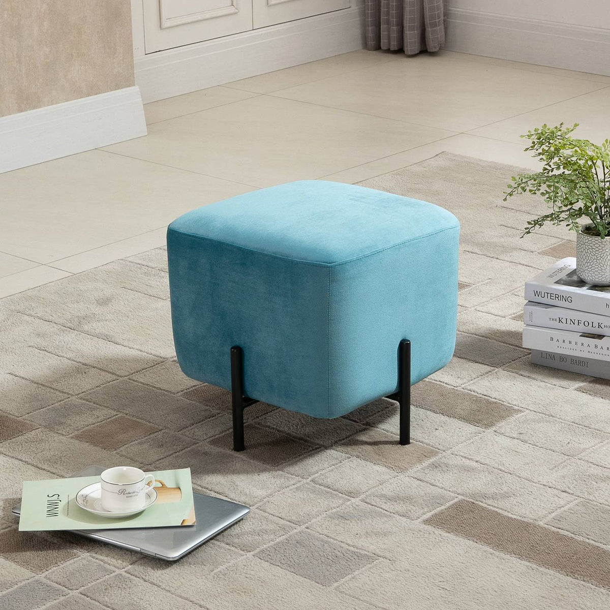 Footstool Padded Footrest Made Of Polyester And Steel Foam Turquoise 44.5 X 44.5 X 41.5 Cm