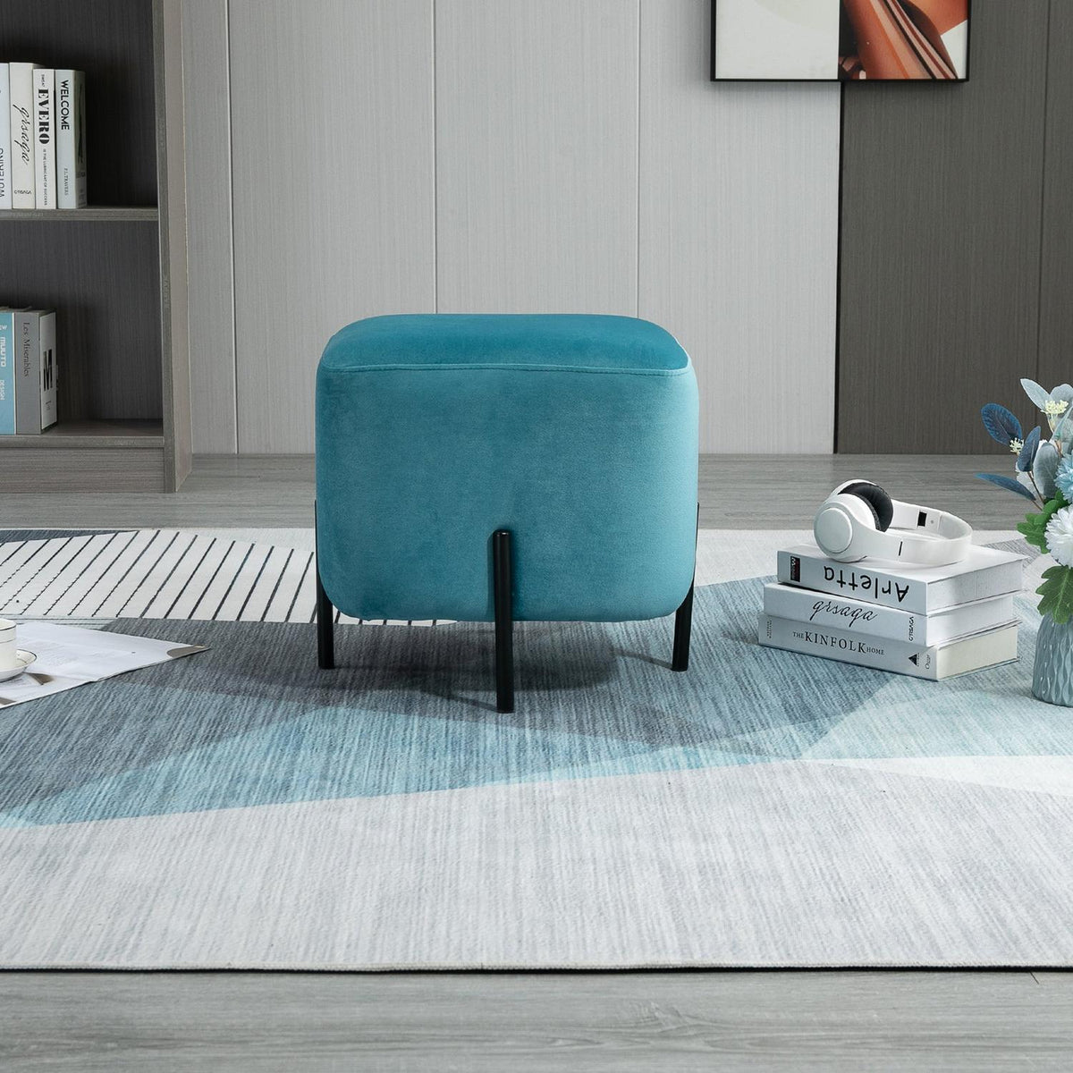 Footstool Padded Footrest Made Of Polyester And Steel Foam Turquoise 44.5 X 44.5 X 41.5 Cm