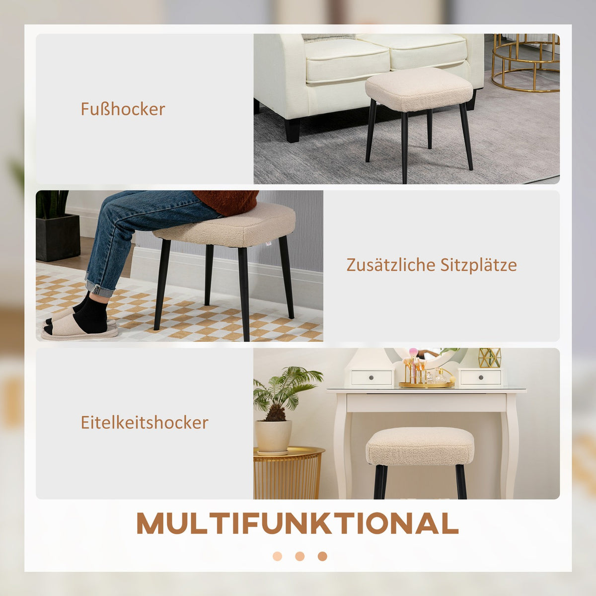 Footstool Square Cashmere Look Dressing Stool With Steel Legs For Living Room/Bedroom, Beige, 42X42X47Cm