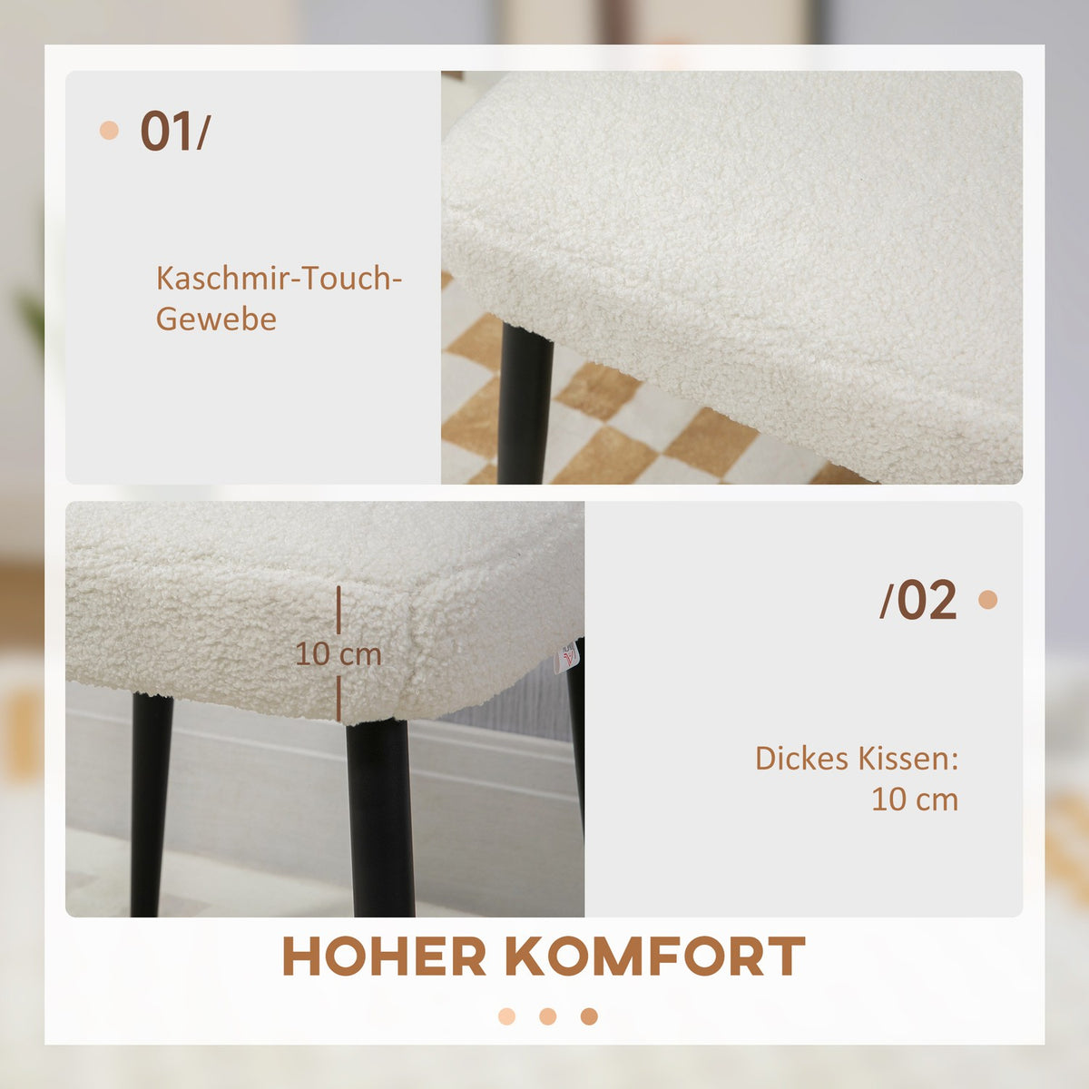 Footstool Square stool/dressing stool in cashmere look with steel legs, for living room/bedroom, cream, 42x42x47cm