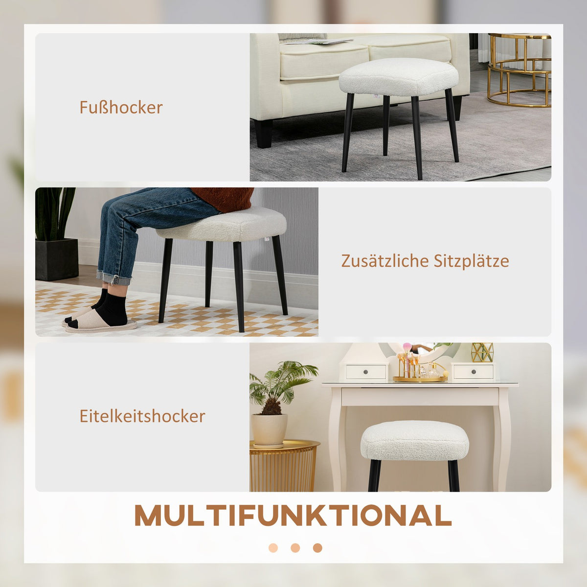 Footstool Square stool/dressing stool in cashmere look with steel legs, for living room/bedroom, cream, 42x42x47cm
