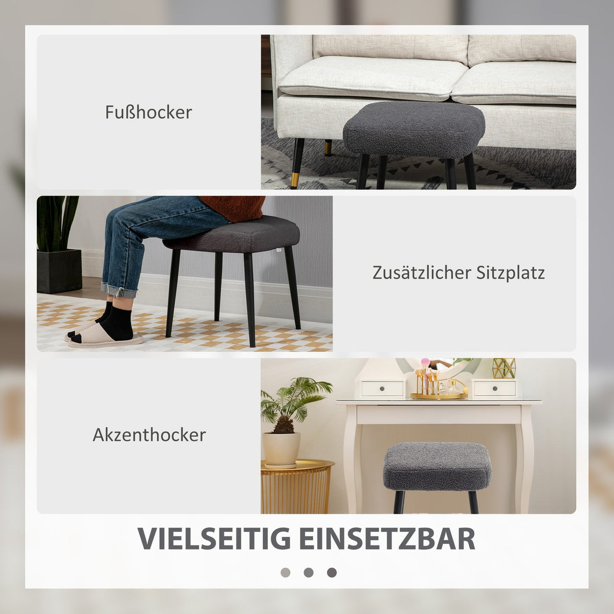 Footstool Stool Square Dressing Stool Footrest with Cashmere Look Steel Legs for Living Room Bedroom Dark Gray