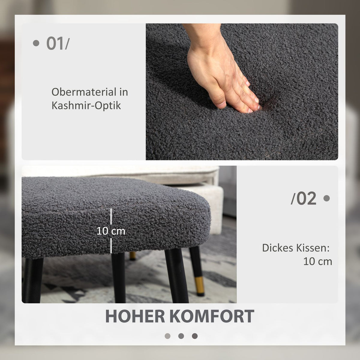 Footstool Stool Square Dressing Stool Footrest with Cashmere Look Steel Legs for Living Room Bedroom Dark Gray