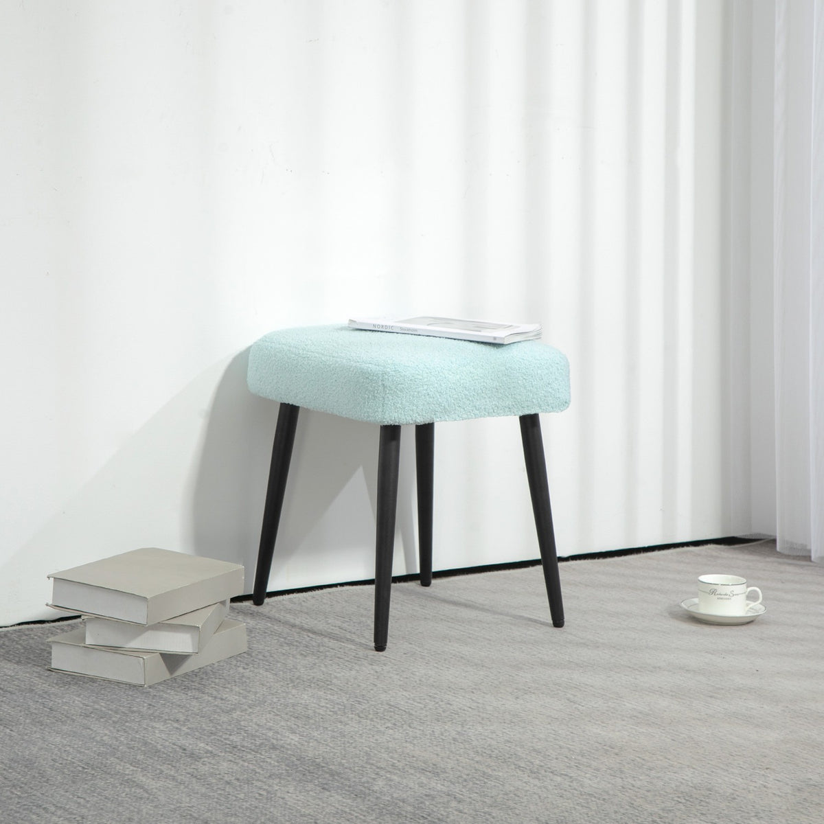 Footstool Stool Square Dressing Stool Footrest with Cashmere Look Steel Legs for Living Room Bedroom Light Blue