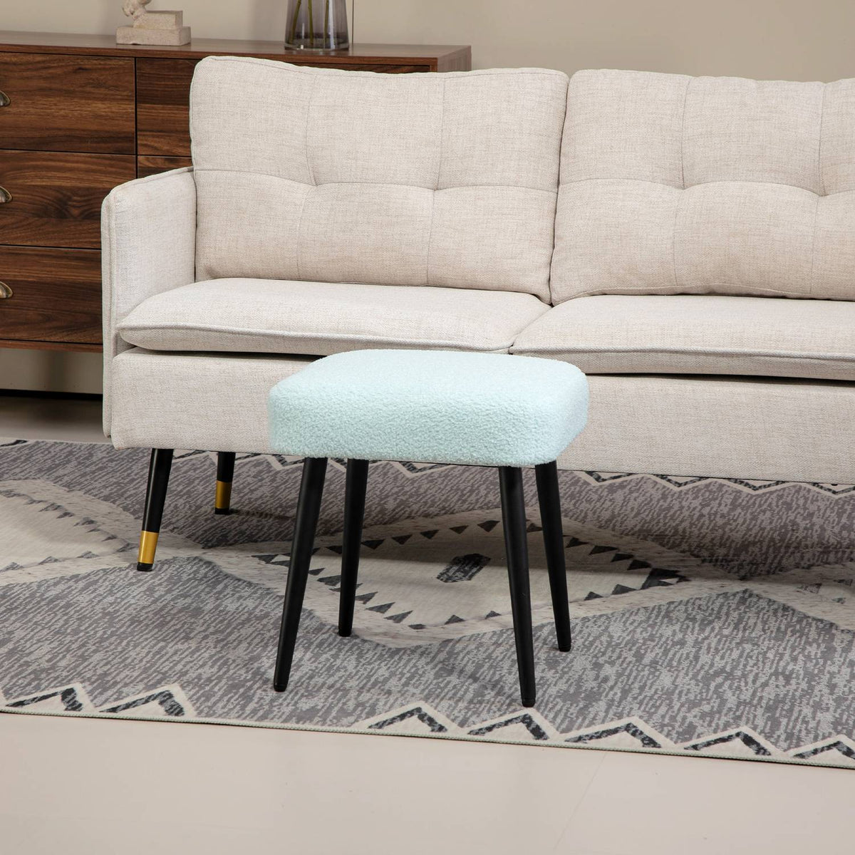 Footstool Stool Square Dressing Stool Footrest with Cashmere Look Steel Legs for Living Room Bedroom Light Blue